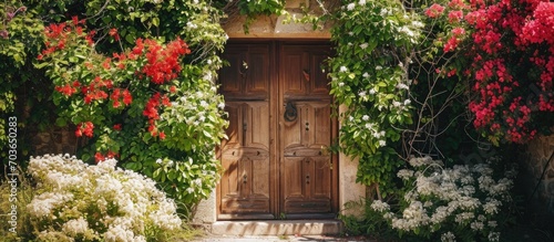 Wood door surrounded by ivy, red mandevilla, and white hydrangea flowers.