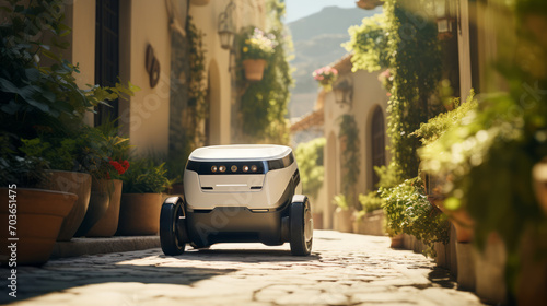 Self-driving delivery bot navigating suburban home walkway. Future of logistics concept. Generative AI