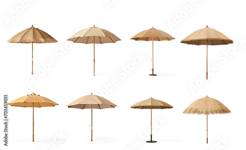 Collection of straw beach umbrella on isolate transparency background, PNG
