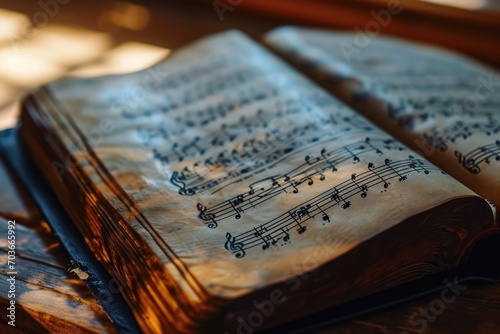 Close-up of a prayer book open to a hymn, with a focus on the lyrics and musical notes, symbolizing communal worship