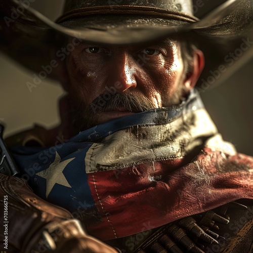 Closeup a texan cowboy clutching the texas flag to his chest. 1800s American Wild West Clothing. Non-existent person generated by ai