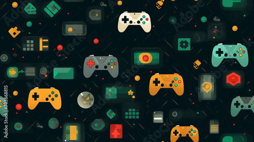 Seamless pattern background inspired by retro video games with pixelated classic controllers, and vibrant game elements evoking a sense of nostalgia for the golden age of gaming.
