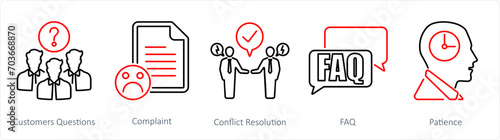 A set of 5 customer service icons as customer questions, complaint, conflict resolution