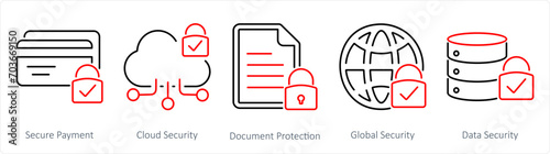 A set of 5 Cyber Security icons as secure payment, cloud security, document protection