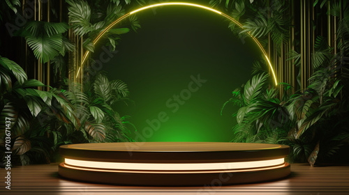 Elegant product display podium surrounded by lush tropical foliage with a glowing neon arch backdrop AI Generative