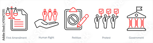 A set of 5 Freedom of Speech icons as first amendment, human right, petition