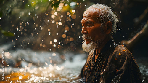 Old man enjoying water procedures in nature, spiritual cleansing, meditation Health & Wellness, Religion, Spirituality, Spa & Leisure