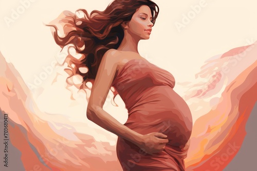 pregnancy and motherhood. painting of a pregnant woman. light red and pink painting, oil portrait.