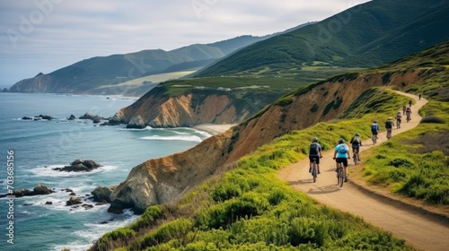 Group of people riding bikes down a dirt road next to the ocean