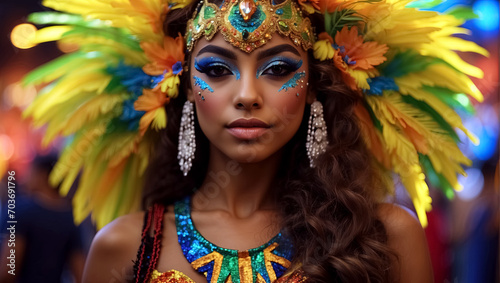 Cheerful woman in carnival costume with feathers. Generative Ai
