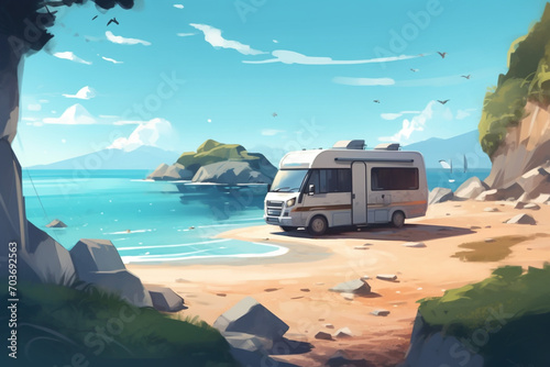 Travel motor home caravan camping car RV driving through sustainable environmental landscape on ocean sea sandy beach. Spending time traveling in recreation vehicle nature concept. 