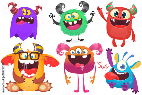 Cute cartoon Monsters. Set of cartoon monsters: goblin or troll, cyclops, ghost, monsters and aliens. Halloween design. Vector illustration isolated