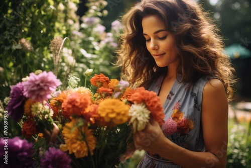 Beautiful young woman with bouquet of flowers in the garden.