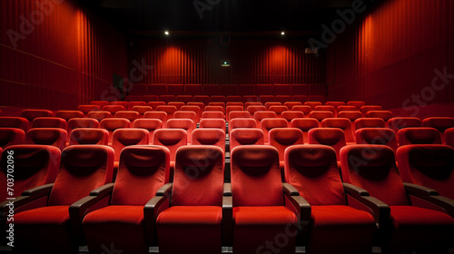 Empty red seats cinema rows seats. Movie night concept. Movie theatre experience. 