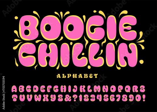 Boogie Chillin is a fat rounded retro pop psychedelic alphabet in bright pink and yellow