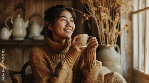 Happy asian woman relaxing drinking hot coffee or tea in holiday morning vacation on armchair at home, Cosy scene, Smiling pretty woman drinking hot tea in autumn winter