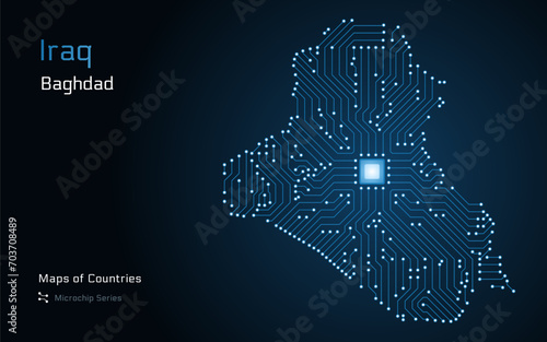 Iraq Map with a capital of Baghdad Shown in a Blue Glowing Microchip Pattern. E-government. World Countries vector maps. Microchip Series 