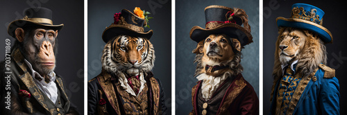animals, lion , tiger, dog, chimpanzee with a aristocratic suit and hat. Profile view. artist collection for decoration and interior. 4 piece canvas art, wall art, poster, home decor