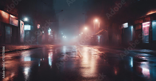 A dark city street with a red light on its background and wet asphalt reflections of rays in the water abstract dark blue smoke smog empty dark ai generated 