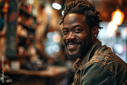 Barber shop, hair stylist smile and black man portrait of an entrepreneur with beard trimmer. Salon, professional worker and male person face with happiness from small business and beauty parlor