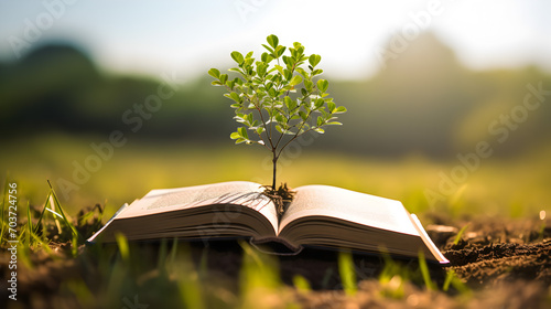 Opened book with growing tree in the spring on a meadow with grass. Concept of education, knowledge and learning.