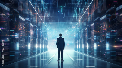 Futuristic Concept Data Centre. Technology Officer Standing In Warehouse, Information Digitalization Lines Streaming Through Servers. SAAS, Cloud Computing, Web Service 