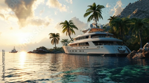 Extremely detailed and realistic high resolution 3D image of a Super Yacht approaching a tropical Island with palms --ar 16:9 --v 6 Job ID: 2a670783-d45a-4a5c-a6ac-1a0f9227a03b