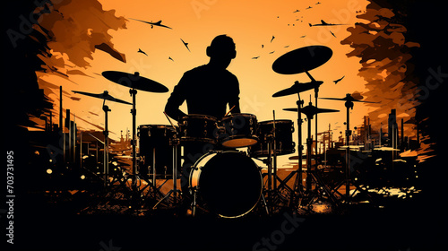 Drummer with drum kits and rhythmic beats