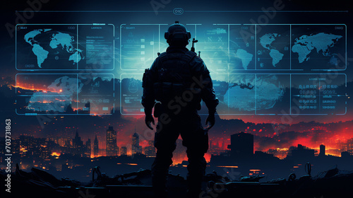 soldier with tactical military HUD and battlefield scenarios