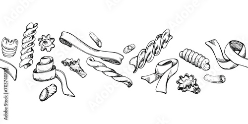 Hand drawn vector ink illustration. Pasta Italian fettuccine tagliatelle casarecce fusilli gemelli penne rigatoni. Seamless banner isolated on white. Restaurant, menu, food shop package, flyer, print.