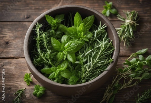 Aromatic herbs in mortar bowl Basil thyme rosemary and tarragon Fresh ingredients for cooking
