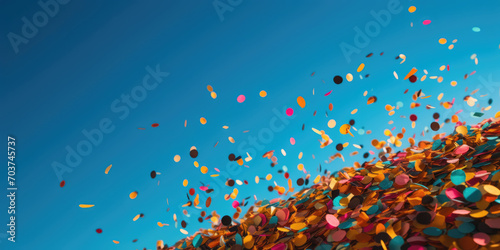 Colorful confetti flying in the blue sky. Festive and Holiday Background, copy space