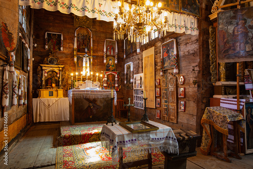 Lviv region, Ukraine - July 15, 2021: Interior of ancient wooden church