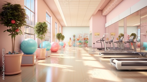 A pastel colored gym with large windows and pink exercise balls