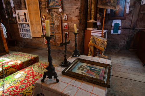 Lviv region, Ukraine - July 15, 2021: Interior of ancient wooden church