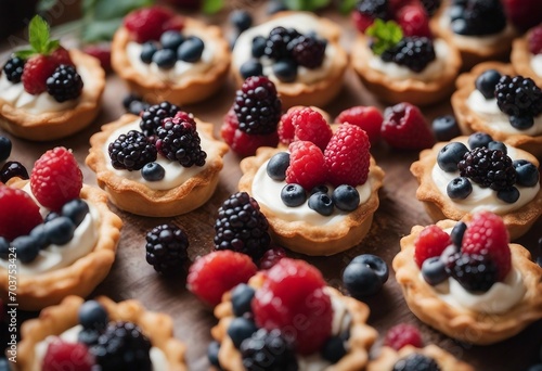 Tasty berry tartlets or cake with cream cheese and different berries around Pastry dessert top view