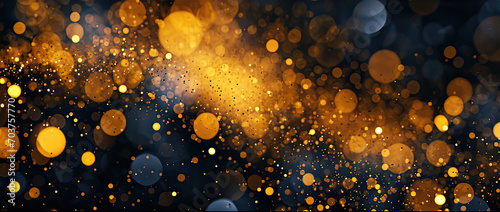 Abstract shining background with bright highlights of light. Dark backdrop with yellow and blue round light spot, shiny side in different colors