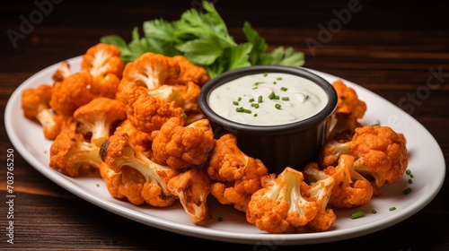 A plate of buffalo cauliflower bites with ranch dipping sauce