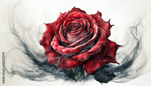 Portret czerwonej, rustykalnej Róży na białym tle. Generative AI