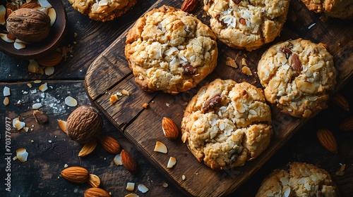 Homemade oatmeal cookies with nuts and raisins on wooden background