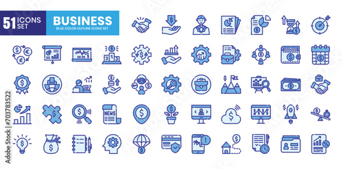 Business icons bundle. Blue color outline icon style. Vector illustration.