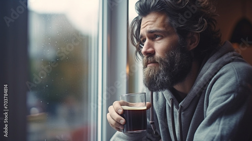 Depressed man at home drinking coffee near the window looking outside.