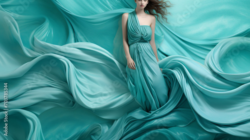 Stifling Summer with Languid Aquamarine Waves. Green colored dress made of liquid paints.