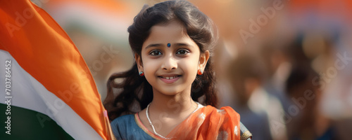 The little girl proudly holding the Indian flag. A fictional character created by Generative AI.