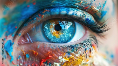 Vivid blue eye with colorful paint splashes on skin