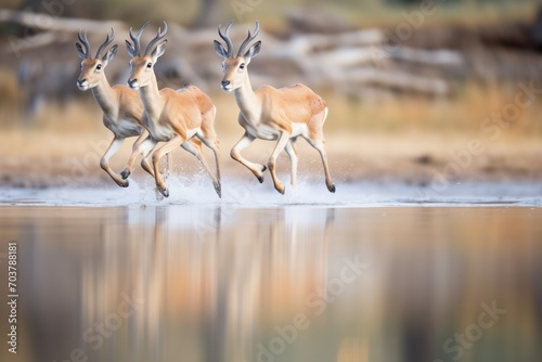gazelles leaping along the edge of a waterhole