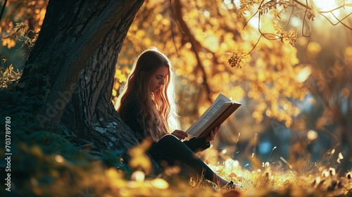 Woman reading a book under a tree in the forest nature sunset, Wide angle view background wallpaper autumns outdoor activity introvert bookworm fairy tale