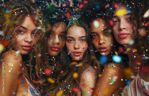 a group of girls are posing for confetti