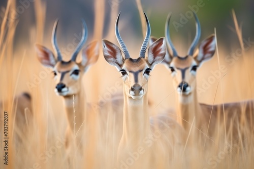 group of impalas alert, ears pricked, at dusk