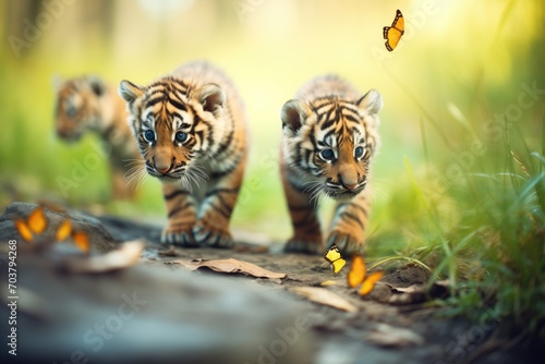 trio of cubs stalking a fluttering butterfly